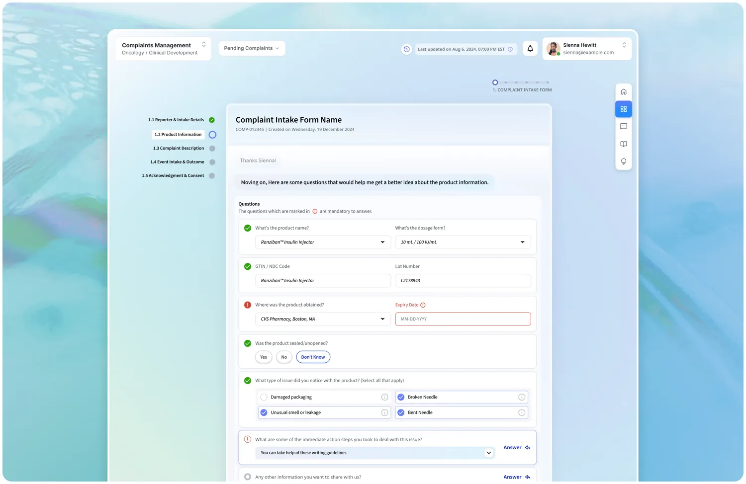 Complaint intake form in an enterprise complaints portal